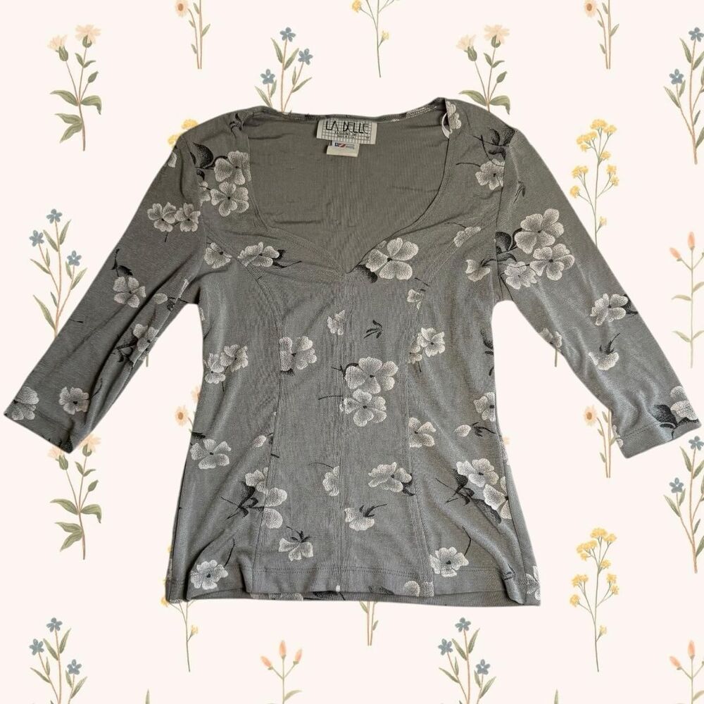 Vintage 90s/Y2K Silver La Belle Fashions Floral Top - Size L (see measurements!)